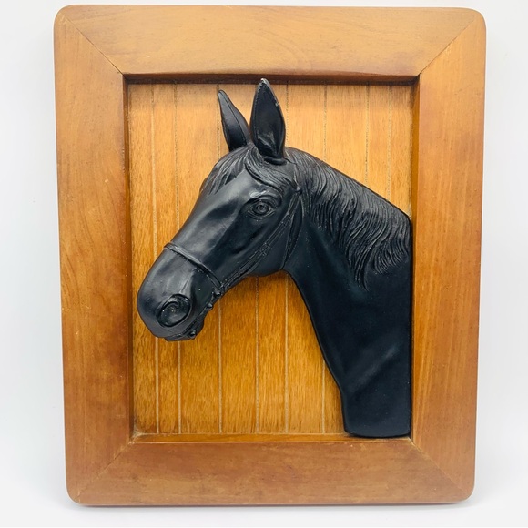 Vintage Other - Vintage 3D Black Metal Horse Head Wall Plaque on Wood Panel – Equestrian Decor